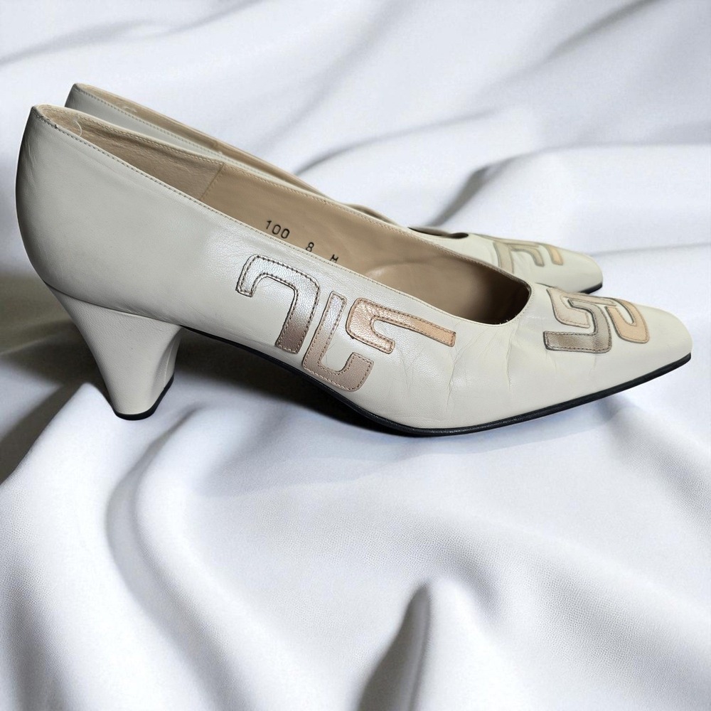 Cara Molina Leather Pumps Woman 8M Beige Block Heel Pointed Toe Made in Spain